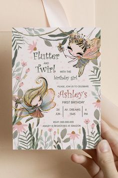 Create a loving impression with this elegant and unique Fairy birthday editable invitation which features beautiful fonts combination and cute watercolor fairies. Perfect for the delightful birthday of one or two special little baby girls, this watercolor birthday invite is everything elegant and charming for your unique garden Fairy theme birthday party celebration. Size is 5x7 (A7) #fairyparty #fairybirthday #enchantedfairy #whimsicalparty #magicalbirthday #birthdayinvitation Enchanted Fairy Garden Party Invitation, Woodland Fairy First Birthday Party, Fairy Birthday Invite, Fairy Theme 1st Birthday Party, Fairy 2nd Birthday Party Ideas, Fairy Third Birthday, Fairy Invitations Birthday, Fairyland Birthday Party, Fairy Birthday Party Invitations