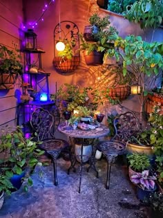 an outdoor patio with potted plants and lights