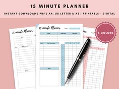 the printable 15 minute planner is on top of a pink background with a pen