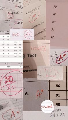 several different papers with numbers and symbols on them