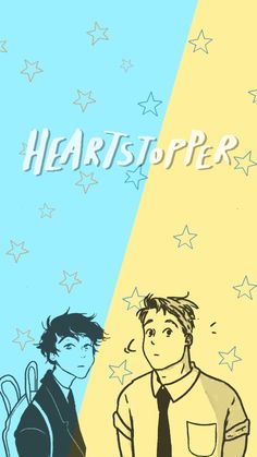 two men standing next to each other in front of stars and the words heartstopper