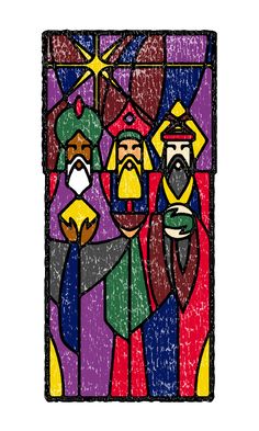 the three wise men are depicted in this colorful stained glass window with grungy paint