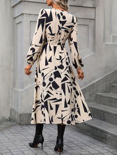 Print High Waist Dress, Casual V Neck Long Sleeve Midi Dress, Women's Clothing High Waist Dress, Midi Dress With Sleeves, Sleeve Midi Dress, Long Sleeve Midi, Long Sleeve Midi Dress, Waist Dress, Womens Midi Dresses, Elevate Your Style, Casual Dresses