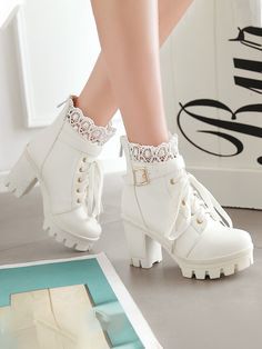 Sepatu Platform, Student Shoes, High Heel Ankle Boots, Kawaii Shoes, Lace Decor, England Fashion, Girly Shoes, Heel Ankle Boots, High Heel Boots Ankle