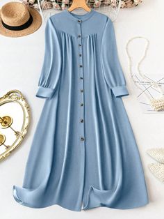 Plus Size Solid Color Front Button Casual Dress, Spring/Autumn Maxi Women Outfit Dusty Blue Casual  Long Sleeve Woven Fabric Plain Smock Non-Stretch  Women Plus Clothing, size features are:Bust: ,Length: ,Sleeve Length: Casual Dress Spring, Fall Maxi, Long Sleeve Casual Dress, Dress Spring, Embroidery Fashion, Women Maxi, Vestido Casual, Dusty Blue, Plus Clothing