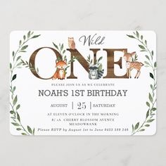 an animal themed birthday party card with the word one on it