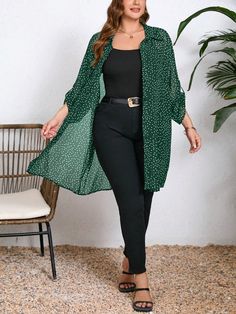 Plus Size Women's Polka Dot Printed Long Sleeve Casual Rolled Hem Blouse, Fall Women Clothes Dark Green Casual  Long Sleeve Woven Fabric Geometric,Polka Dot,All Over Print Shirt Non-Stretch  Women Plus Clothing, size features are:Bust: ,Length: ,Sleeve Length: Women’s Plus Size Casual Outfits, Dark Green Plus Size Outfit, Plus Size Office Wear Fall, Fall Style Plus Size, 50 Plus Fashion Over 50, Professional Outfits Women Curvy, Plus Size Feminine Style, Fall Winter 2023/2024 Fashion Trends Plus Size