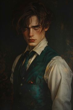 a painting of a young man wearing a green vest