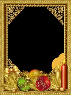 an ornate frame with christmas decorations and candles