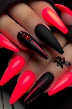 Turn up the heat with these stunning black and neon red chrome nails! Perfect for making a bold and fiery statement, this eye-catching design is ideal for a night out, special events, or whenever you want to stand out. Let your nails be the talk of the town with this vibrant and edgy look. 💅🔥 #NailArt #ChromeNails #NeonRed Opposite Hand Nail Designs, Red Black Nails Ideas, Black Chrome Nail Designs, Cute Nails Simple Design, Simple But Cute Nail Designs, Red Design Nails Acrylic, Red And Black Toe Nails, Neon Black Nails, Dope Nail Designs Almond