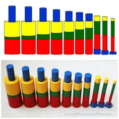 there are many different colored cylinders in this photo and the same one is made out of plastic