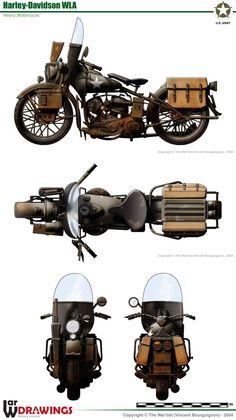 three different views of an old motorcycle