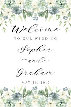 wedding welcome card with watercolor flowers and greenery