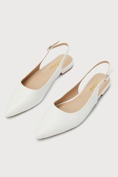 The Lulus Kayaa White Pointed-Toe Slingback Flats are destined to be your go-to shoes when you need an effortlessly polished look! These ultra-chic, faux leather flats feature a sophisticated pointed-toe upper with a low-cut collar that continues into an adjustable, slingback-style strap that secures with a silver buckle. A sensible, low-block heel completes the simply stylish design! 0. 75" rubber heel. Lightly cushioned insole. Rubber sole has nonskid markings. All Man Made Materials. Imported Fancy White Shoes Flats, White Slingback Flats, Flat Elegant Shoes, Flat Shoes To Wear With Dresses, White Flats Outfit, White Flats Wedding, White Formal Shoes, White Flats Shoes, Elegant Shoes Flat