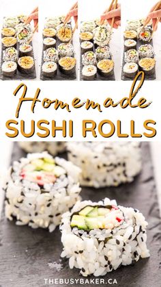 sushi rolls with different toppings on the top and bottom, including cucumber