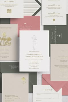 the wedding stationery is laid out on top of each other, with different colors