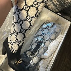 Gucci Cream Black And White Boots Long Wore Twice I Paid 2,700 Size 8 Like New Or Best Offer Elegant Gucci Boots For Winter, Gucci Black Winter Boots, Gucci Black Luxury Boots, Luxury Black Gucci Boots, Chic Black Gucci Boots, Black And White Boots, Boots Long, Shoes Gucci, White Boots