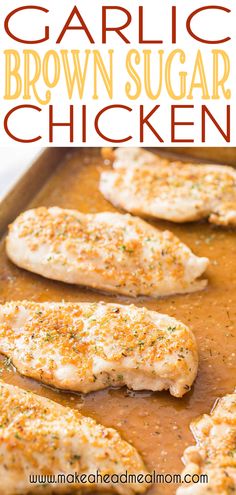 grilled garlic brown sugar chicken on a baking sheet with text overlay that reads garlic brown sugar chicken