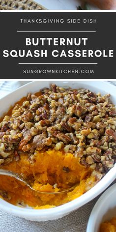 butternut squash casserole in a white dish with a serving spoon on the side