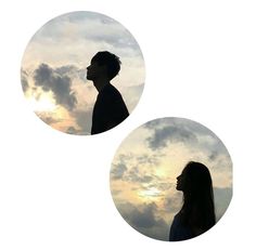 two circular photos of a man and woman in the sky with clouds behind them at sunset