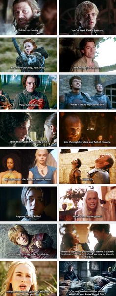 the many faces of game of thrones characters in different scenes, with captions from each