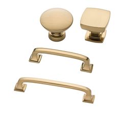 the handles and knobs are all in different styles, including satin brass or antique brass