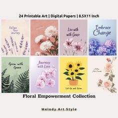 four different cards with flowers in them and the words floral emporment collection on them