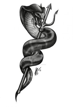 a black and white drawing of a snake with an arrow in it's mouth