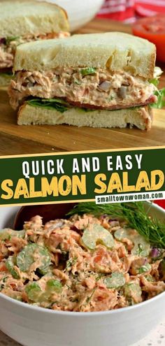 a sandwich cut in half sitting on top of a cutting board next to a bowl of salad