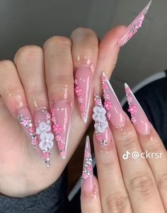 Nail Discount Ideas, Long 3d Flower Nails, Long Acrylic Nails With 3d Flowers, Stilleto Nails Flowers, Stilleto Flower Nails, Flower Stiletto Nails, Nail Designs With Flowers, Pink Acrylic Nails 3d Flowers, Stilleto Nails With 3d Flowers