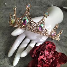 Gold Metal With Faceted Aurora Borealis Rhinestones And Clear Pave Crystals. Fairytale Princess, Crown Tiara, Princess Tiara, Rhinestone Crown, Princess Aurora, Crystal Tiaras, Gold Rhinestone, Tiaras And Crowns, Aurora Borealis