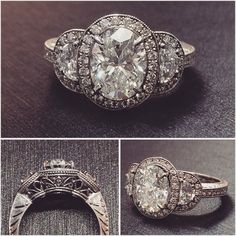 three different views of an old - fashioned ring with diamonds on the sides and in the middle