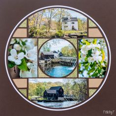 four different pictures are arranged in a circle with flowers on each side and an old building at the other end