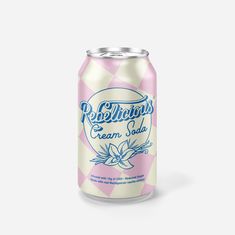 a can of ice cream soda on a white and pink checkered background