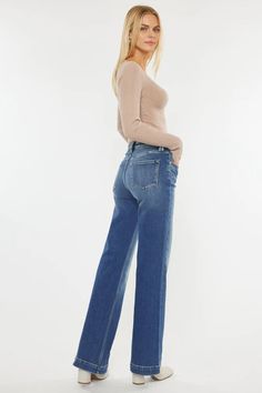 Our Pilot High Rise Flare Jeans come in with faded details and a unique flared design that's trendy and chic. Sits above the natural waistline as it lightly tapers down the thigh and begins to flare out down the leg. Made with comfort-stretch denim that retains its shape while allowing you to move with ease. Features a classic five-pocket design, single-button front, and zip-fly closure. Rise 10.75" / Inseam 34" (Size 3 / 25) 99% Cotton, 1% Spandex Model in Size 25 Light Wash Style # : KC9289L Medium Wash Style # KC9289M Stretchiness Level >> Rigid Chic Faded Flare Jeans For Spring, Faded Cropped Leg Flare Jeans For Fall, Spring Flare Faded Jeans, Spring Faded Flare Jeans, Chic Mid-rise Faded Flare Jeans, Fitted Wide Leg Faded Bottoms, Faded Wide-leg Fitted Jeans, Chic Faded Wide Leg Bottoms, Faded Flare Bottoms For Fall