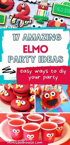 some red cupcakes are sitting on a plate with the words, 17 amazing elmo party ideas easy ways to diy your party