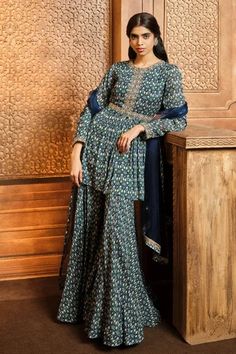 Shop for Aneesh Agarwaal Blue Chiffon Ikat Print Kurta Sharara Set for Women Online at Aza Fashions Aneesh Agarwaal, Peplum Sharara, Velvet Dupatta, Chiffon Kaftan, Kurta Sharara Set, Indian Designs, Kurta Sharara, Scallop Border, Indian Woman