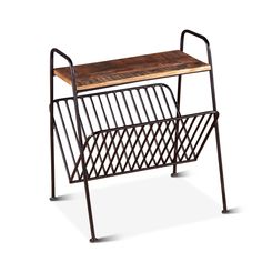 an iron and wood magazine rack