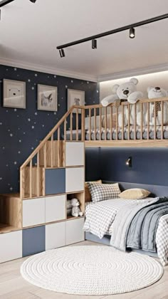 a bedroom with blue walls and white carpeted flooring, bunk bed in the middle