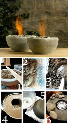 the steps to making an outdoor fire pit are shown in this collage with pictures