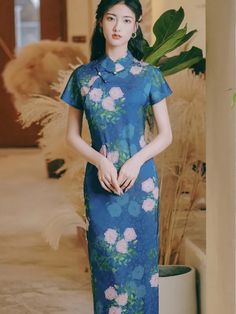 Vintage Oil Painting Jacquard Qipao Dress Blue - Weqipao Elegant Fitted Blue Cheongsam, Blue Fitted Cheongsam With Stand Collar, Elegant Blue Cheongsam For Spring, Blue Dress With Stand Collar, Qipao Vintage, Red Chinese Dress, Wedding Qipao, Qipao Cheongsam, Qipao Dress