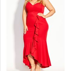 Brand New, Never Worn City Chic Dress. Bought For A Wedding And Decided It Was More Formal Than I Wanted. Fit Me Like A Glove - Curvy Size 14-16 And Kept The Size 14 (Xs For City Chic) - Tags Still Attached Red Ruffle Hem Dress For Holidays, Red Strapless Maxi Dress With Ruffles, Red Holiday Dress With Ruffle Hem, Elegant Red Maxi Dress With Ruffle Hem, Ruffle Layered Dress, City Chic Dresses, Mesh Maxi Dress, Tulip Dress, Hi Low Dresses