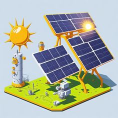 an image of a solar panel with the sun above it and some other things around it