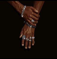 two hands holding each other while wearing bracelets and rings on their fingers, against a black background