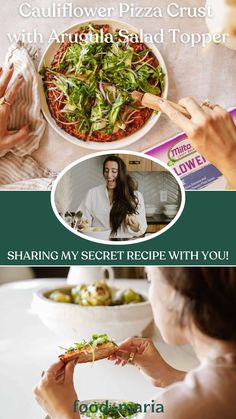 a woman is eating salad with her hands and the words, how to make a pizza crust