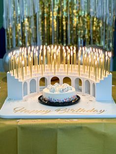 a birthday cake with lit candles on it