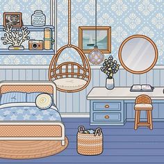 a bedroom with blue walls and furniture in the room, including a bed, desk, mirror, chair, dresser and other items