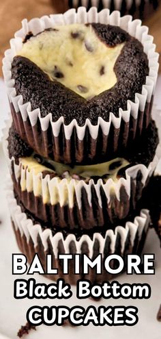 three chocolate cupcakes stacked on top of each other with the title baltimore black bottom cupcakes