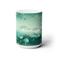 a coffee mug with rain falling from the sky