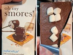 two boxes of ice cream with marshmallows and chocolate on them are shown